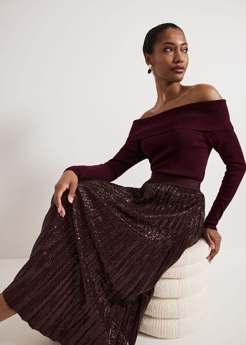 Phase Eight Alaina Sequin Pleated Skirts Burgundy Australia | ZS7146350